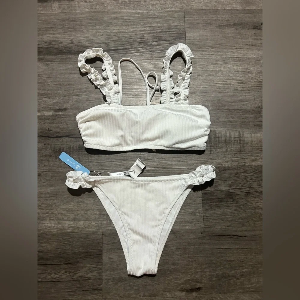 NWT Cupshe White Ruffle Ribbed Bikini S - Picture 3 of 7